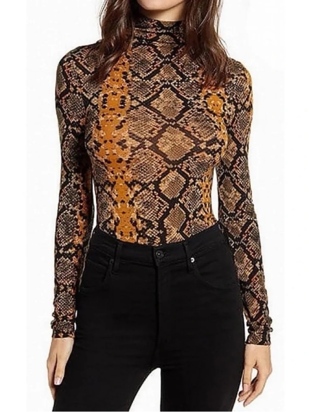 Leith Snakeskin Print Mock Neck Long Sleeve Top Small